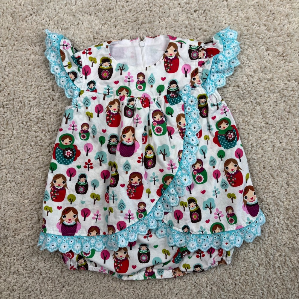 Unbranded Matryoshka Doll Romper‎ Kids 12-18M White Multicolor Excellent Eyelet